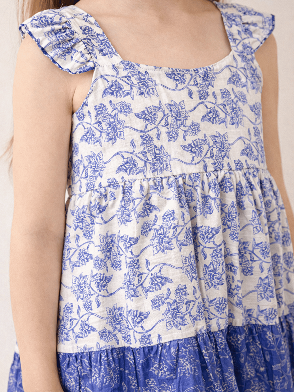 Mavi Kare Yaka Çiçek Desenli Kız Çocuk Elbise-2