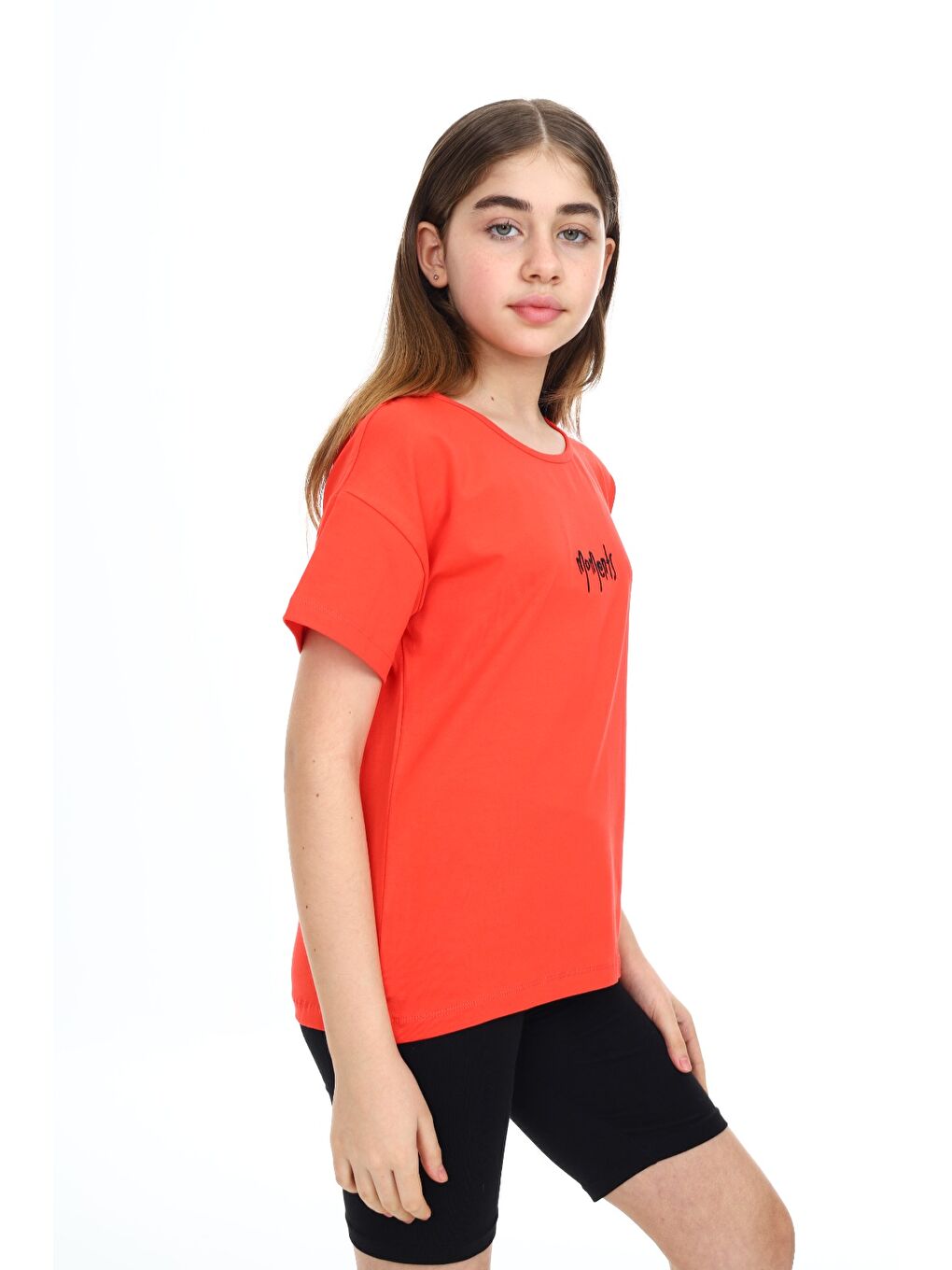 Kırmızı Kız Çocuk Baskılı Bisiklet Yaka Kısa Kollu Tişört