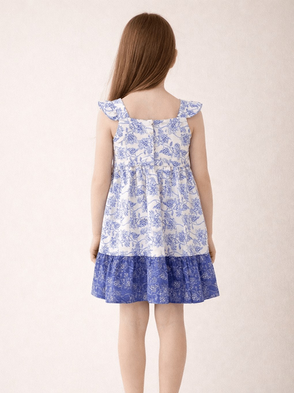 Mavi Kare Yaka Çiçek Desenli Kız Çocuk Elbise-3