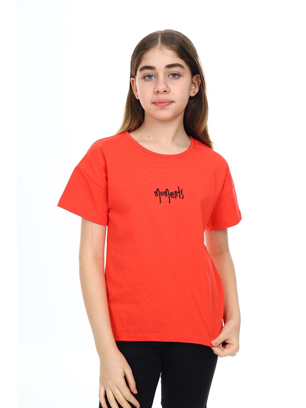 Kırmızı Kız Çocuk Baskılı Bisiklet Yaka Kısa Kollu Tişört-1