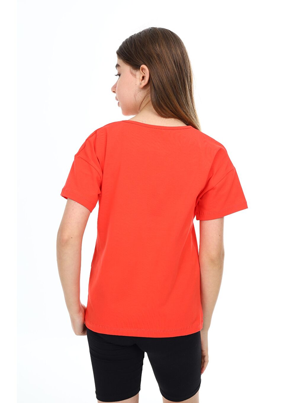 Kırmızı Kız Çocuk Baskılı Bisiklet Yaka Kısa Kollu Tişört-2