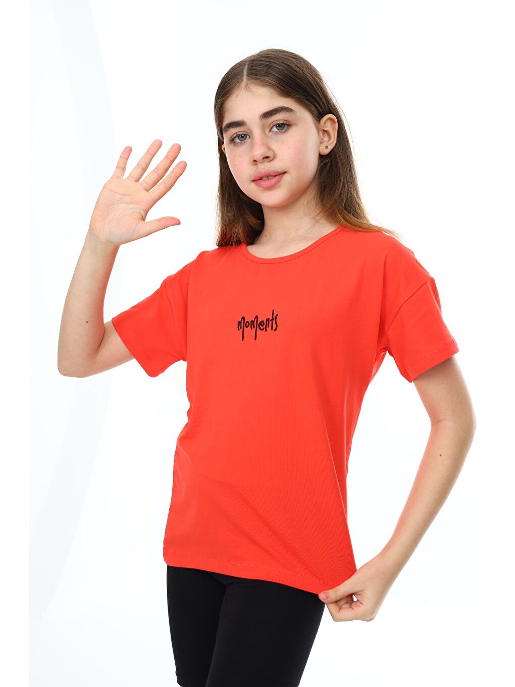 Kırmızı Kız Çocuk Baskılı Bisiklet Yaka Kısa Kollu Tişört-3