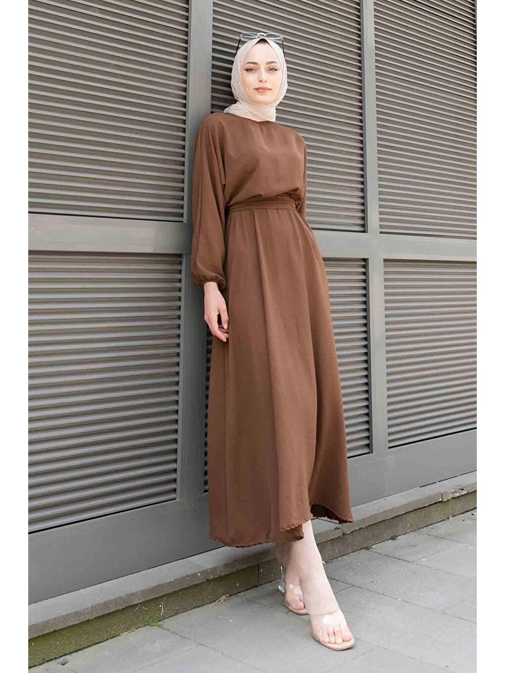 Yarasa Kol Prenses Elbise Kahverengi