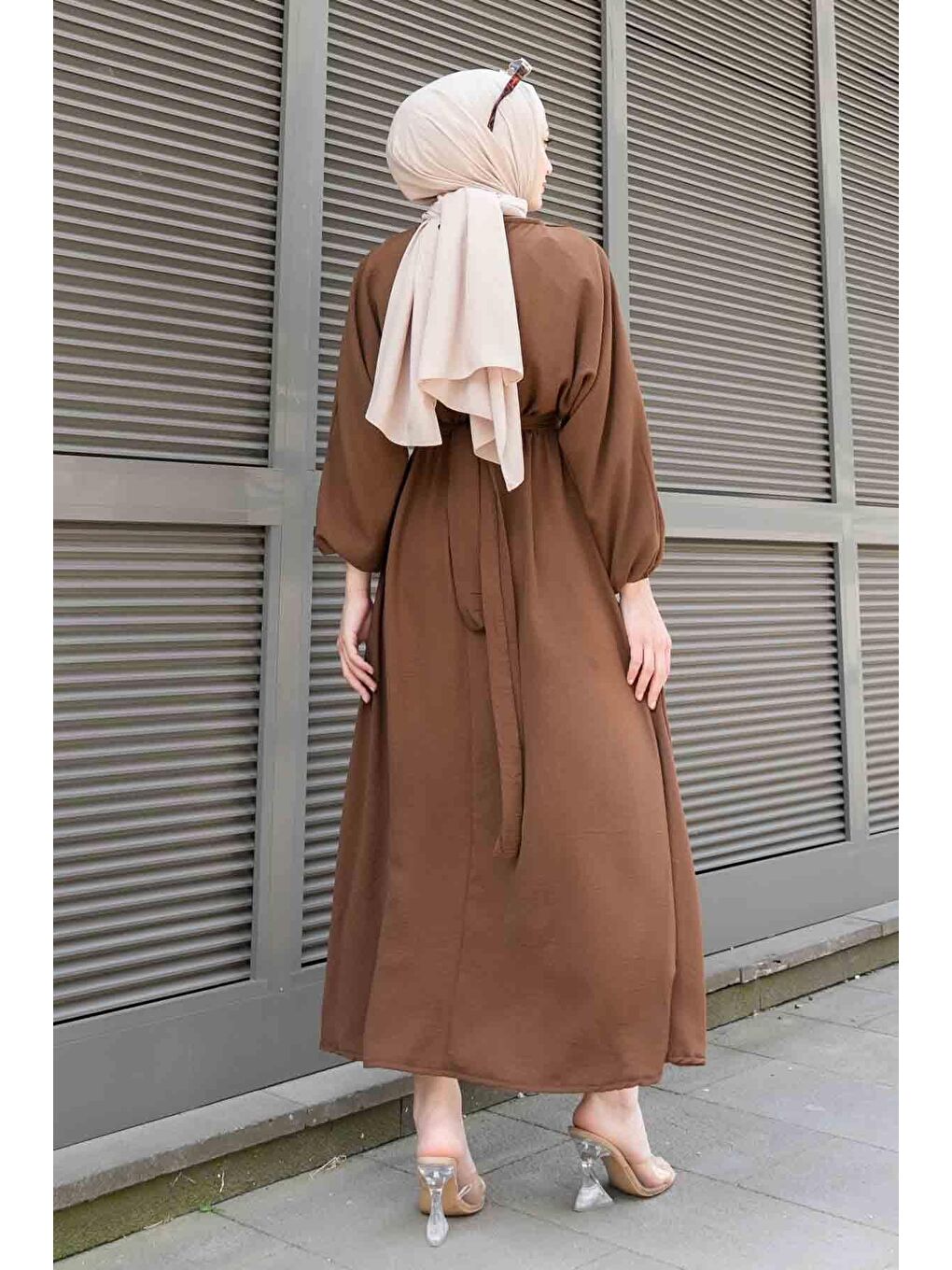 Yarasa Kol Prenses Elbise Kahverengi-2