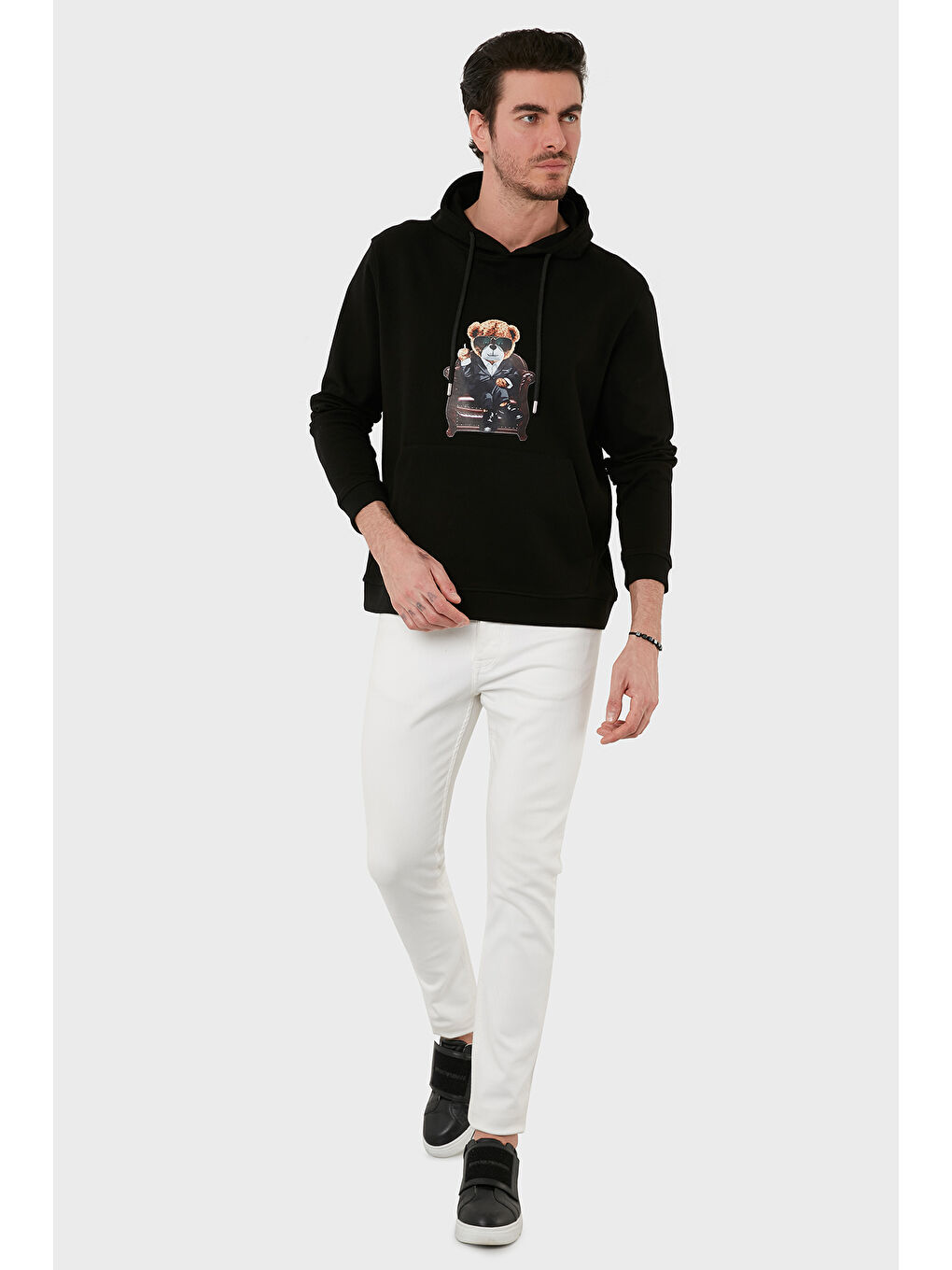 Siyah Pamuklu Regular Fit  Baskılı Kanguru Cepli Kapüşonlu Sweat 6141005B-4