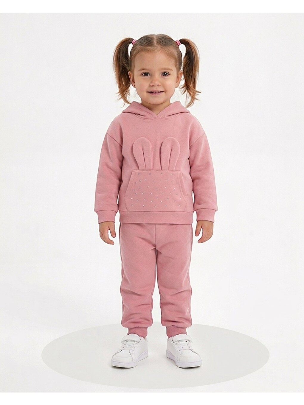 Pembe Kız Çocuk Kışlık 3 İplik Şardonlu Kapüşonlu Taşlı Sweatshirtlü Eşofmanlı 2-3-4-5-6 Yaş Eşofman Takım-1