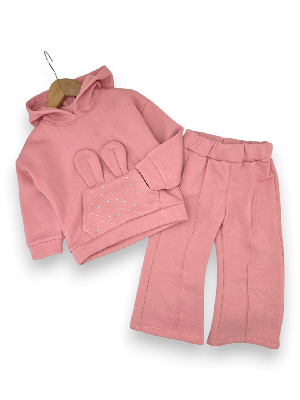 Pembe Kız Çocuk Kışlık 3 İplik Şardonlu Kapüşonlu Taşlı Sweatshirtlü Eşofmanlı 2-3-4-5-6 Yaş Eşofman Takım-2