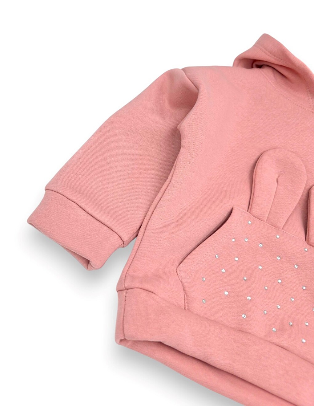 Pembe Kız Çocuk Kışlık 3 İplik Şardonlu Kapüşonlu Taşlı Sweatshirtlü Eşofmanlı 2-3-4-5-6 Yaş Eşofman Takım-3