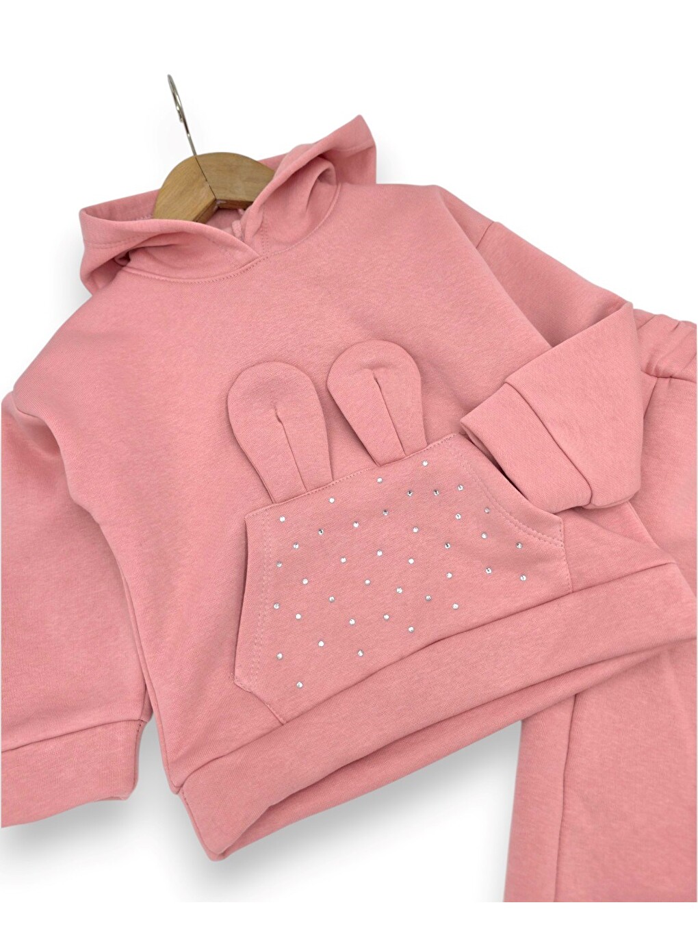 Pembe Kız Çocuk Kışlık 3 İplik Şardonlu Kapüşonlu Taşlı Sweatshirtlü Eşofmanlı 2-3-4-5-6 Yaş Eşofman Takım-4
