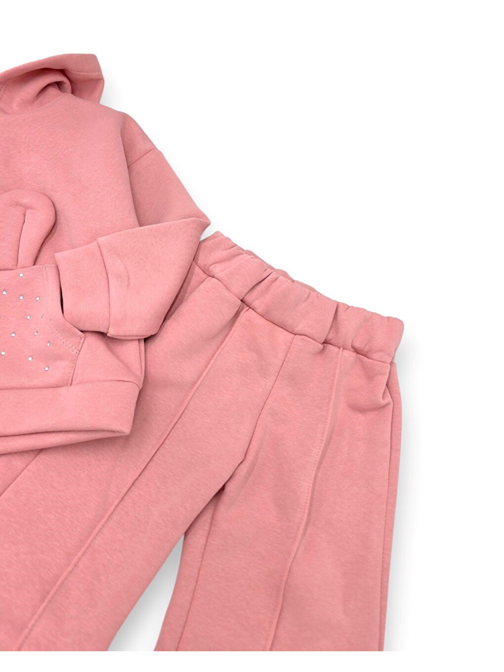 Pembe Kız Çocuk Kışlık 3 İplik Şardonlu Kapüşonlu Taşlı Sweatshirtlü Eşofmanlı 2-3-4-5-6 Yaş Eşofman Takım-5