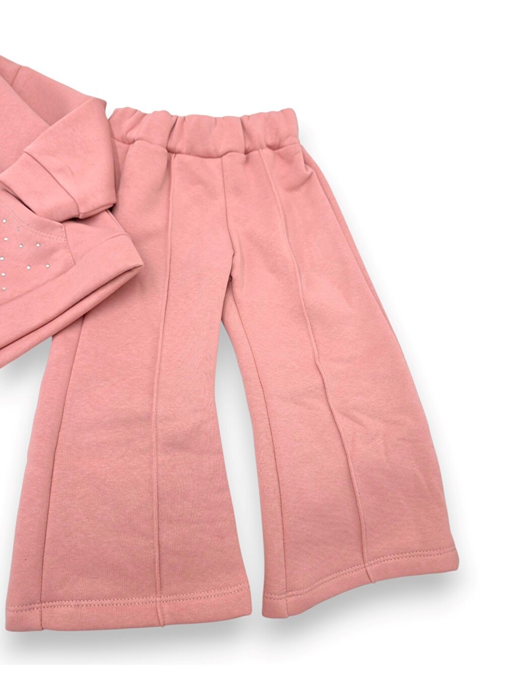 Pembe Kız Çocuk Kışlık 3 İplik Şardonlu Kapüşonlu Taşlı Sweatshirtlü Eşofmanlı 2-3-4-5-6 Yaş Eşofman Takım-7