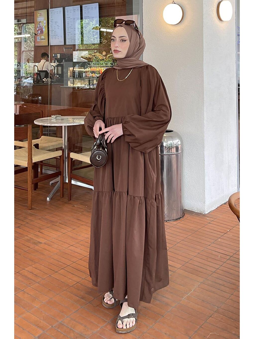 Balon Kol Katlı Yazlık Elbise Acı Kahverengi-1