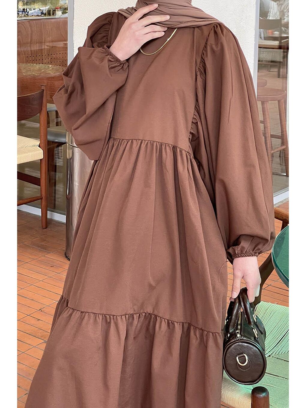 Balon Kol Katlı Yazlık Elbise Acı Kahverengi-2