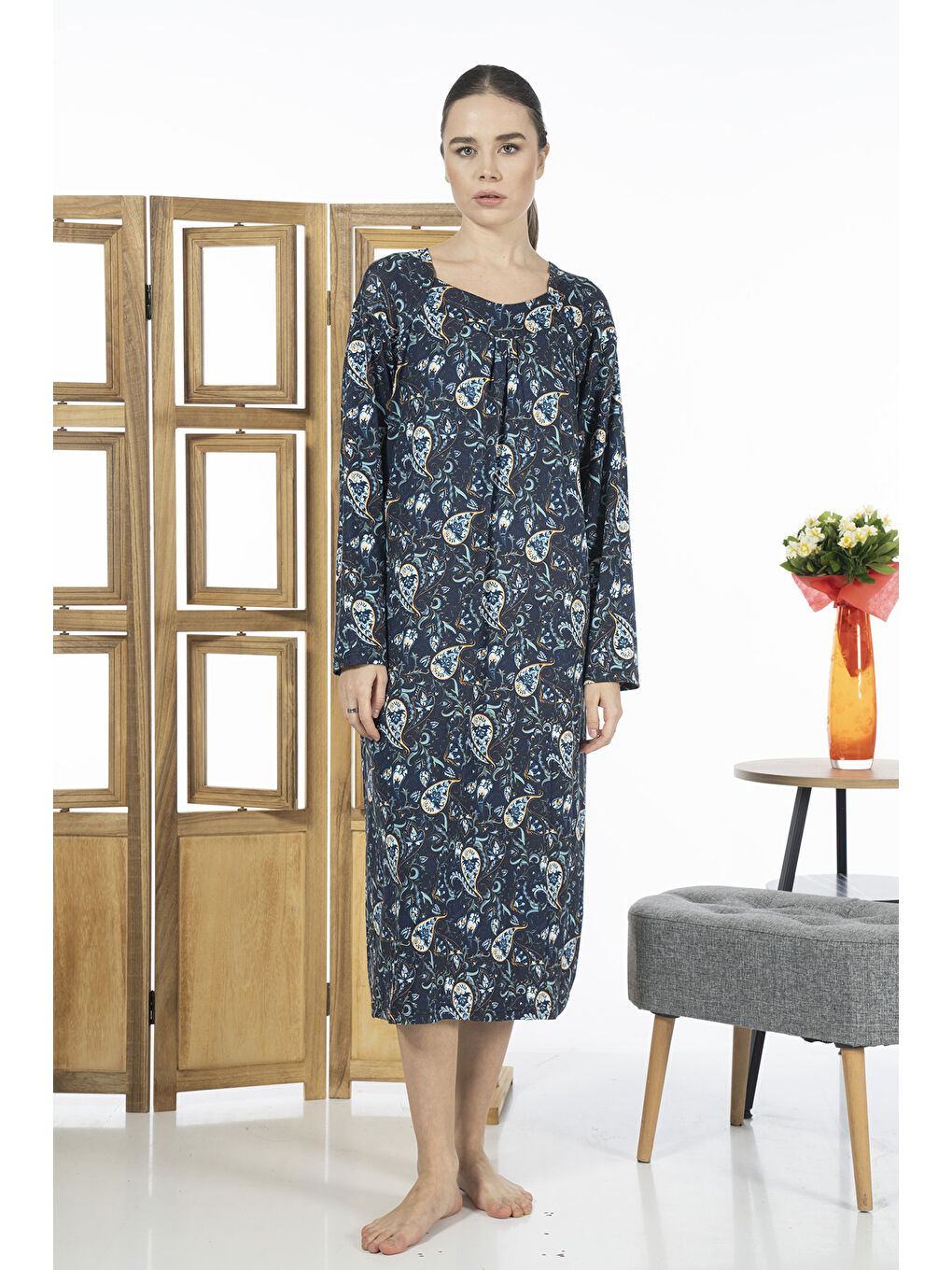 Lacivert Kadın Viskon Elastanlı Pijama Elbise 23245