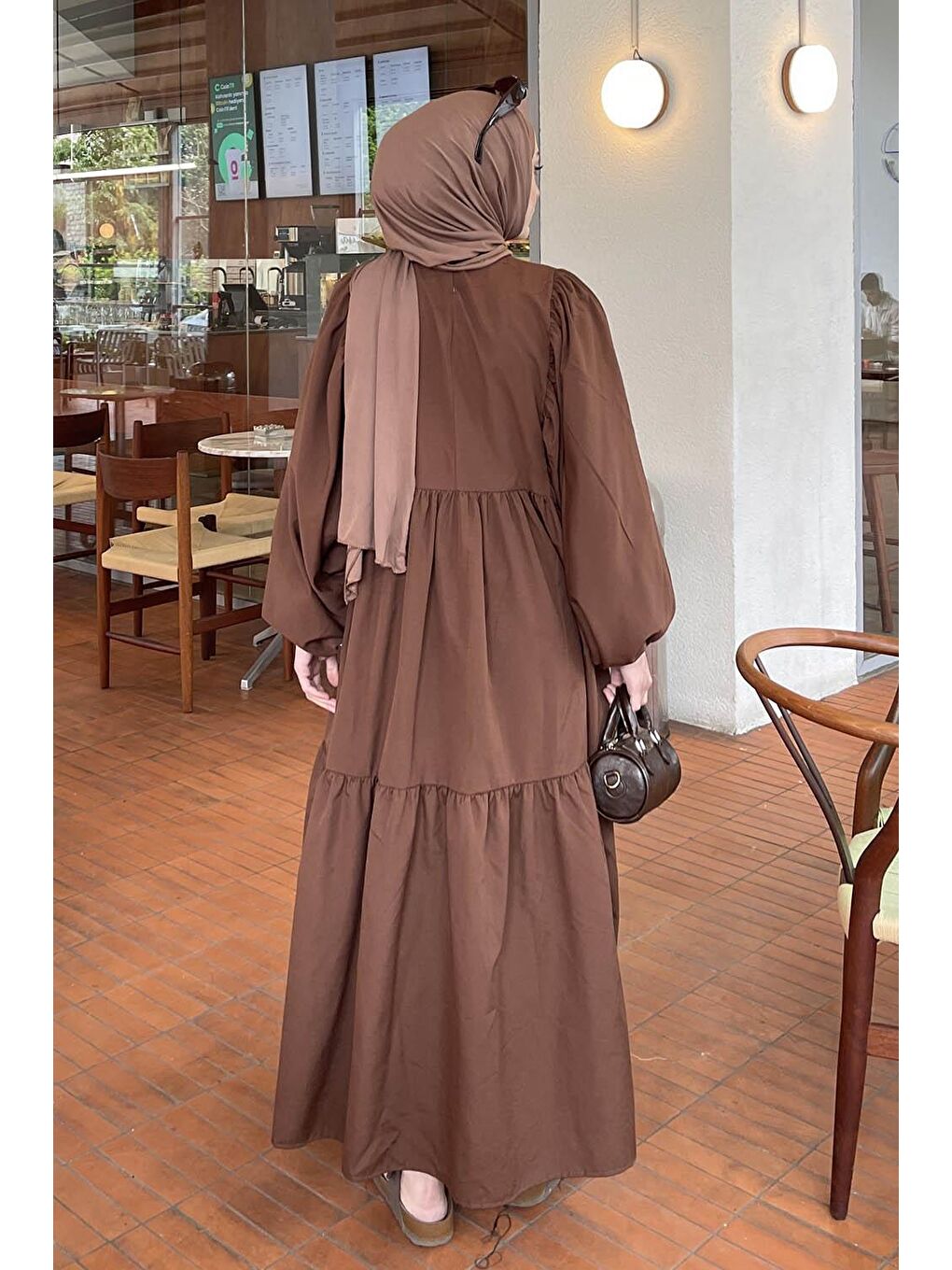 Balon Kol Katlı Yazlık Elbise Acı Kahverengi-3