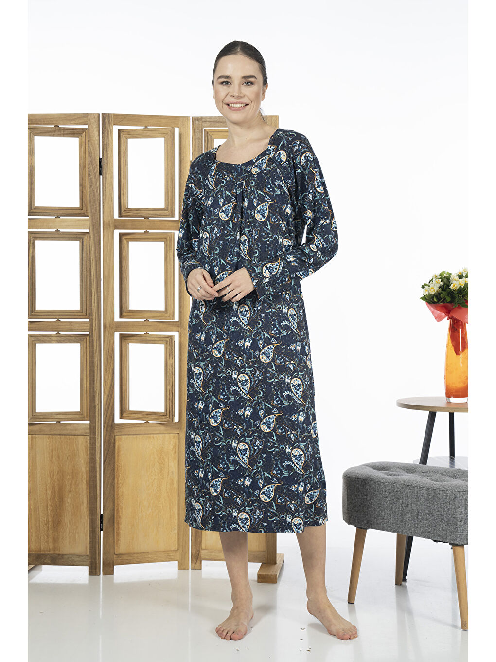 Lacivert Kadın Viskon Elastanlı Pijama Elbise 23245-1