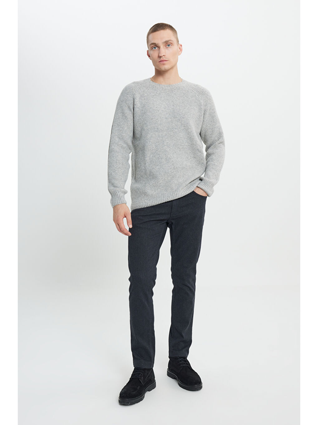 Erkek Gri Melanj Standart Fit Normal Kesim Bisiklet Yaka Triko Kazak-1