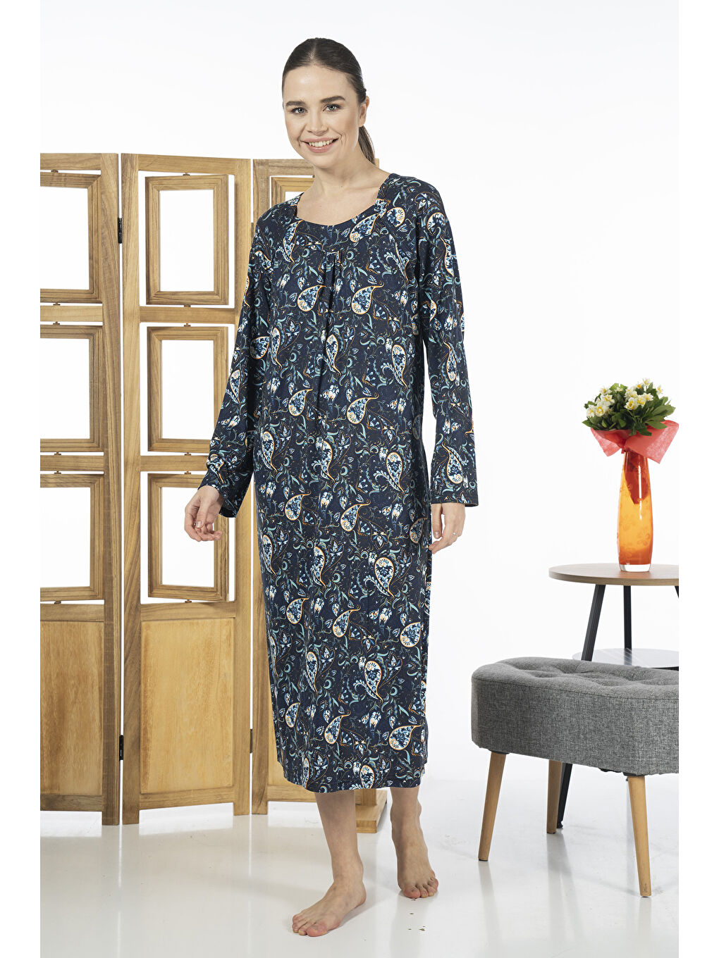 Lacivert Kadın Viskon Elastanlı Pijama Elbise 23245-3