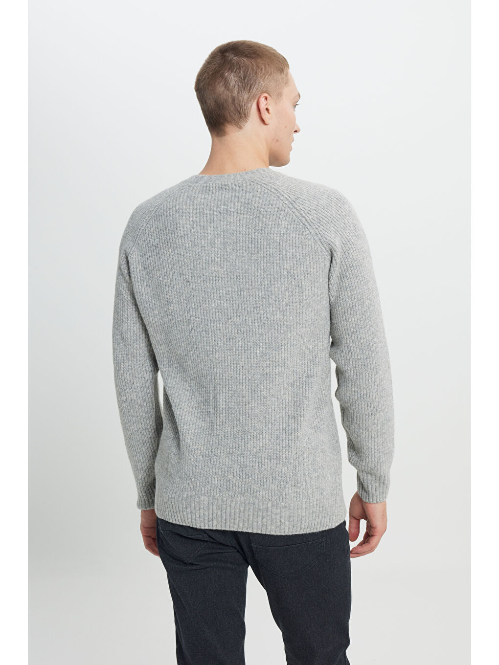 Erkek Gri Melanj Standart Fit Normal Kesim Bisiklet Yaka Triko Kazak-4