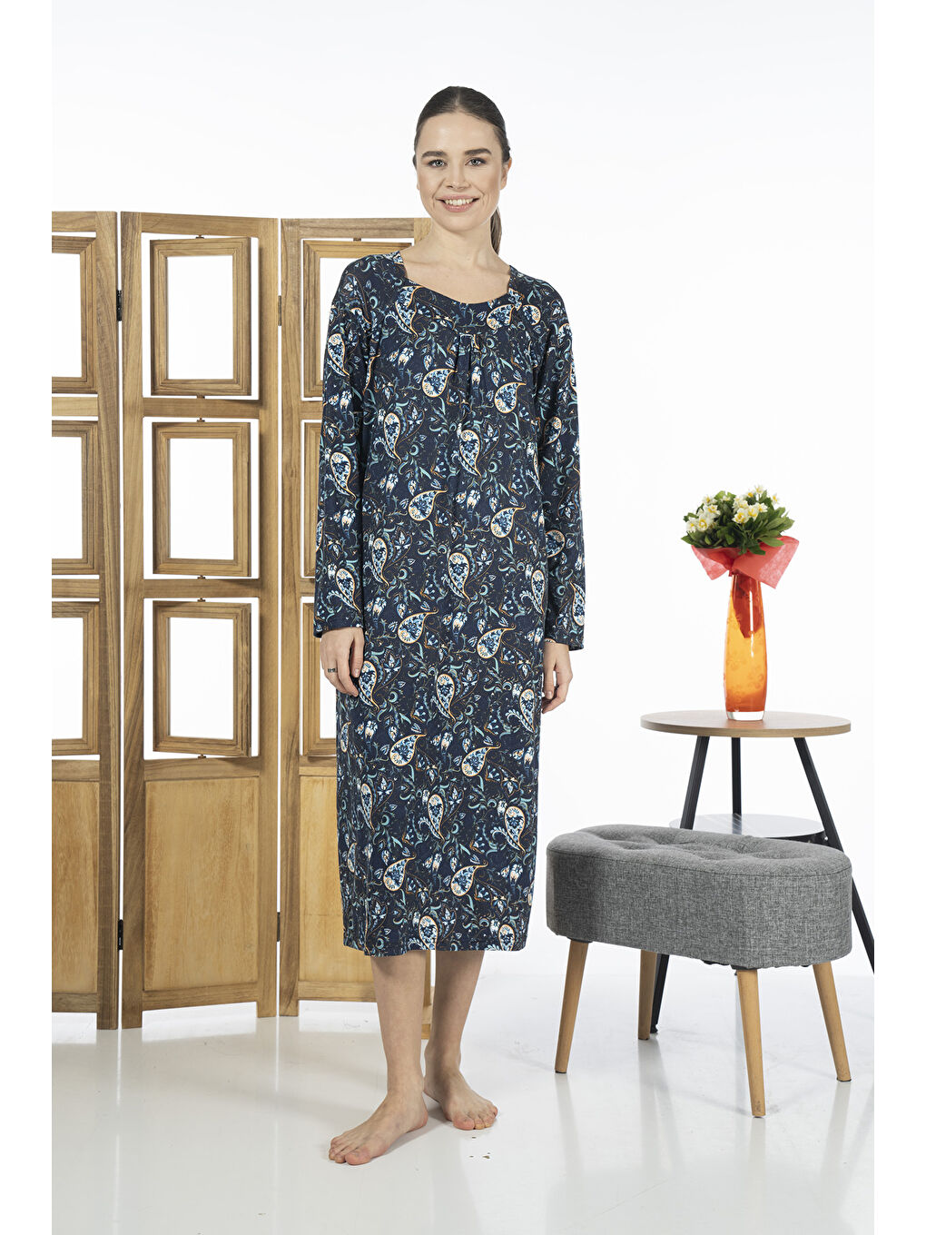 Lacivert Kadın Viskon Elastanlı Pijama Elbise 23245-4