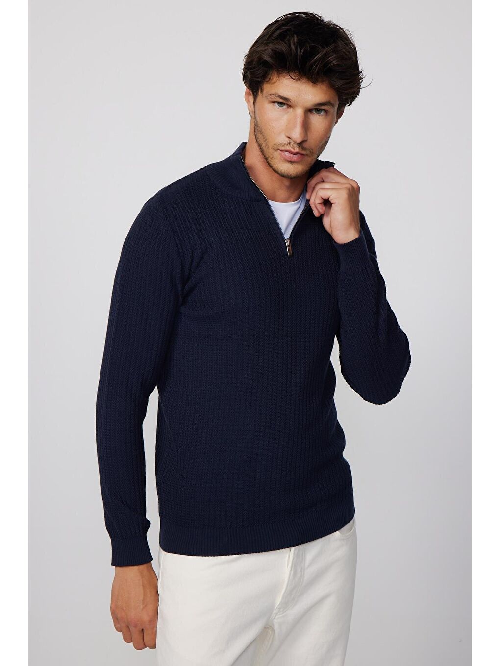 Erkek Slim Fit Dar Kesim Dik Yaka Fermuarlı Desenli Lacivert Kazak-2