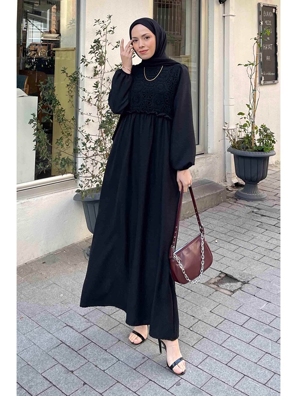 Dantel Örgü Detaylı Elbise Siyah-2