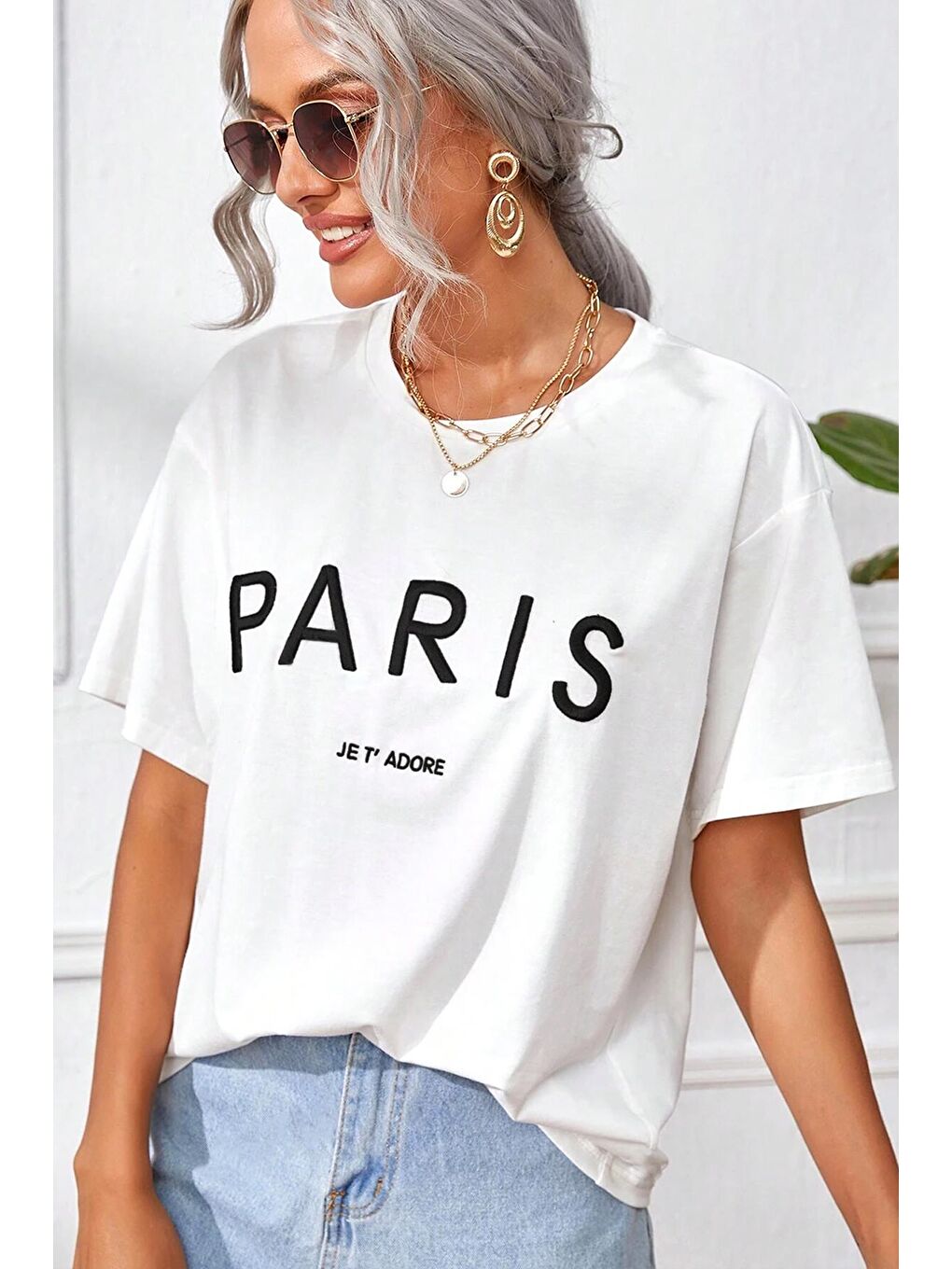 Beyaz Unisex Paris Baskılı Oversize Tshirt