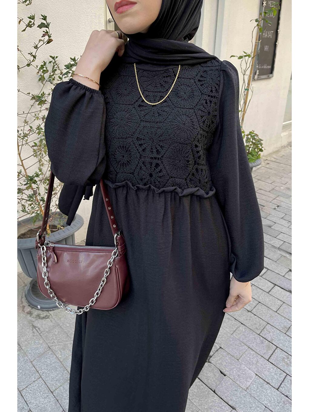 Dantel Örgü Detaylı Elbise Siyah-3