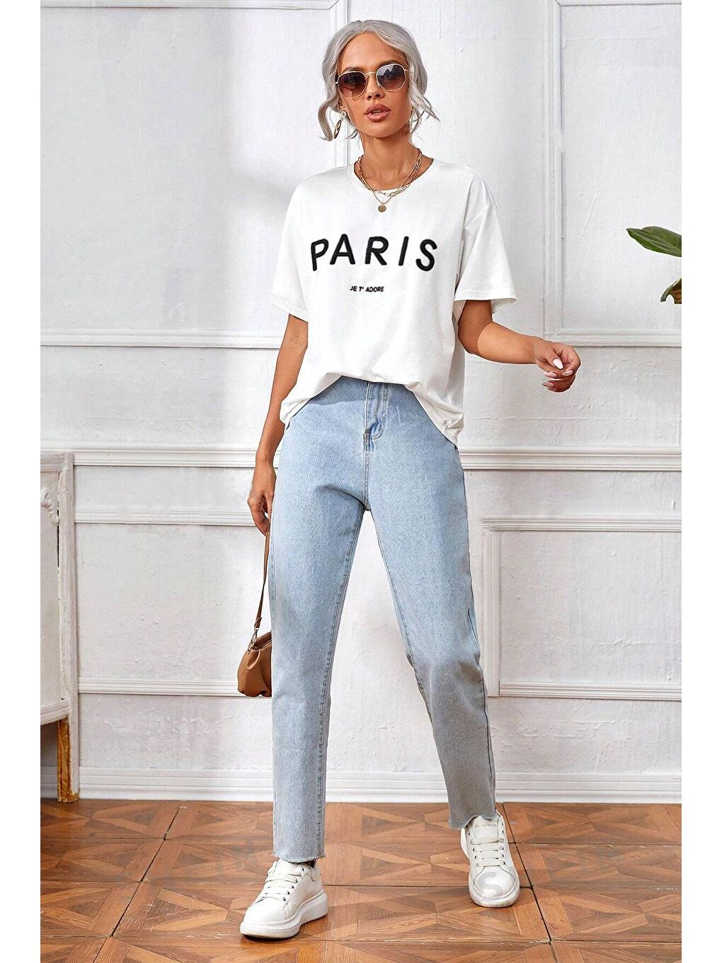 Beyaz Unisex Paris Baskılı Oversize Tshirt-1
