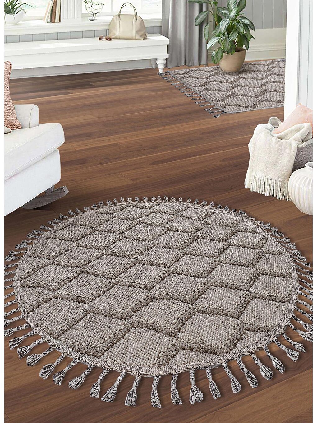 Gri Konfor Beverly 2263 Yuvarlak Modern Dokuma Bukle Halı-200x200 (Yuvarlak)-1