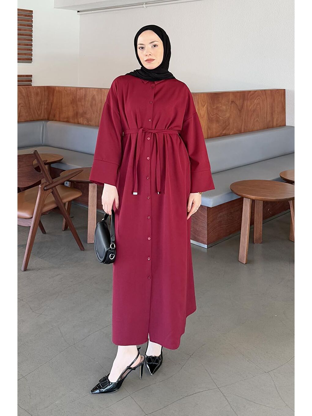 Takma Manşet Detaylı Dabıl Tesettür Elbise Bordo