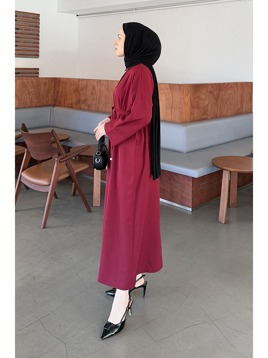 Takma Manşet Detaylı Dabıl Tesettür Elbise Bordo-1