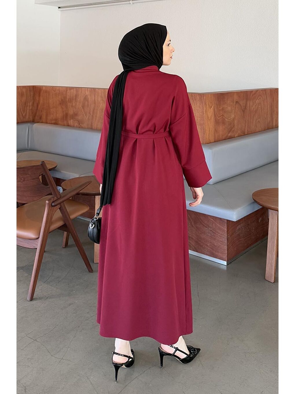 Takma Manşet Detaylı Dabıl Tesettür Elbise Bordo-2