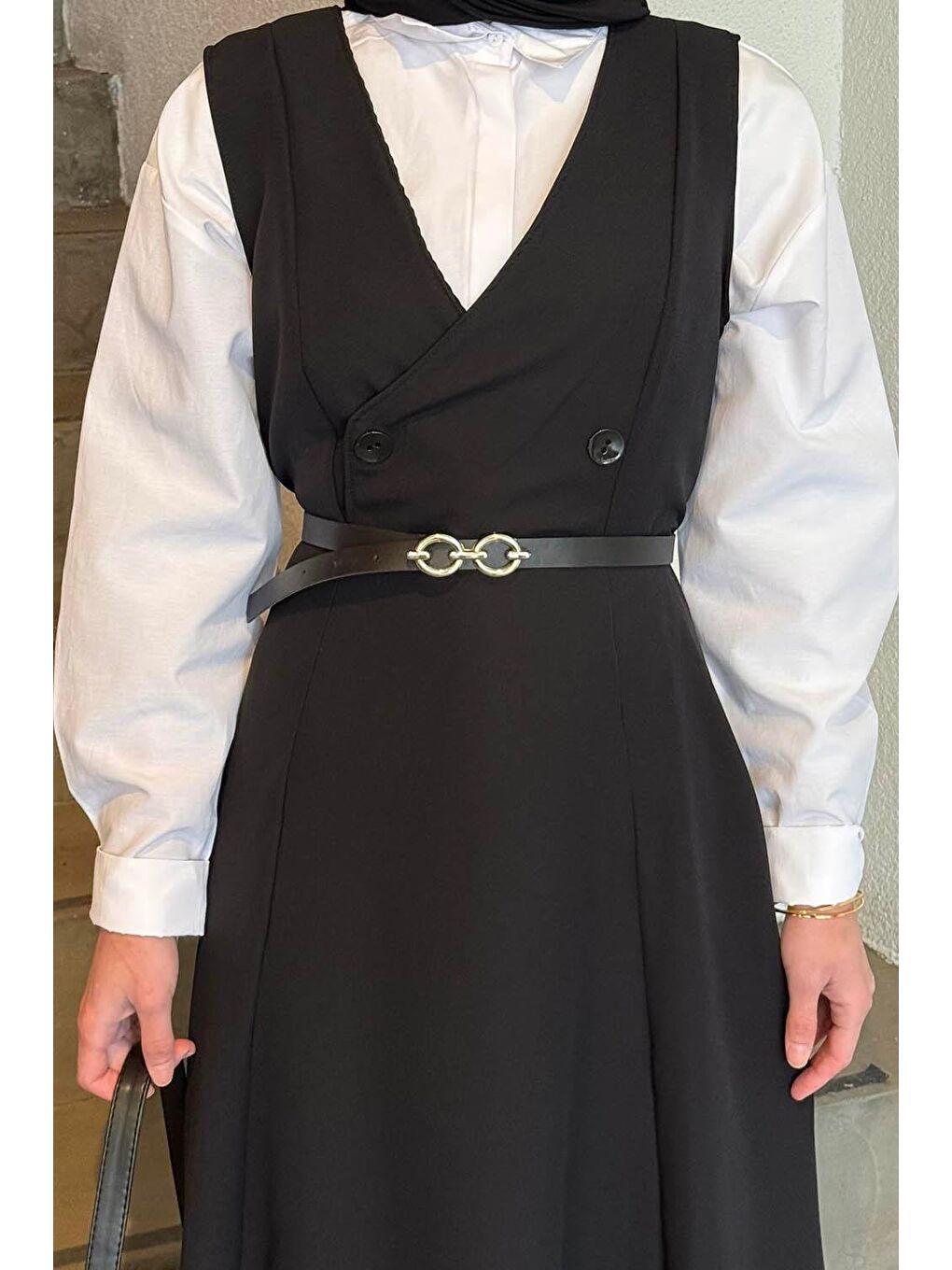 Düğme Detaylı Kolsuz Tesettür Elbise Siyah-2