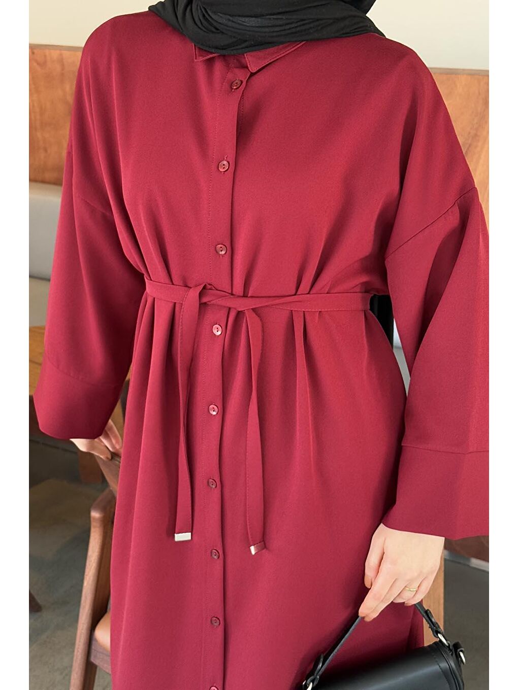 Takma Manşet Detaylı Dabıl Tesettür Elbise Bordo-3