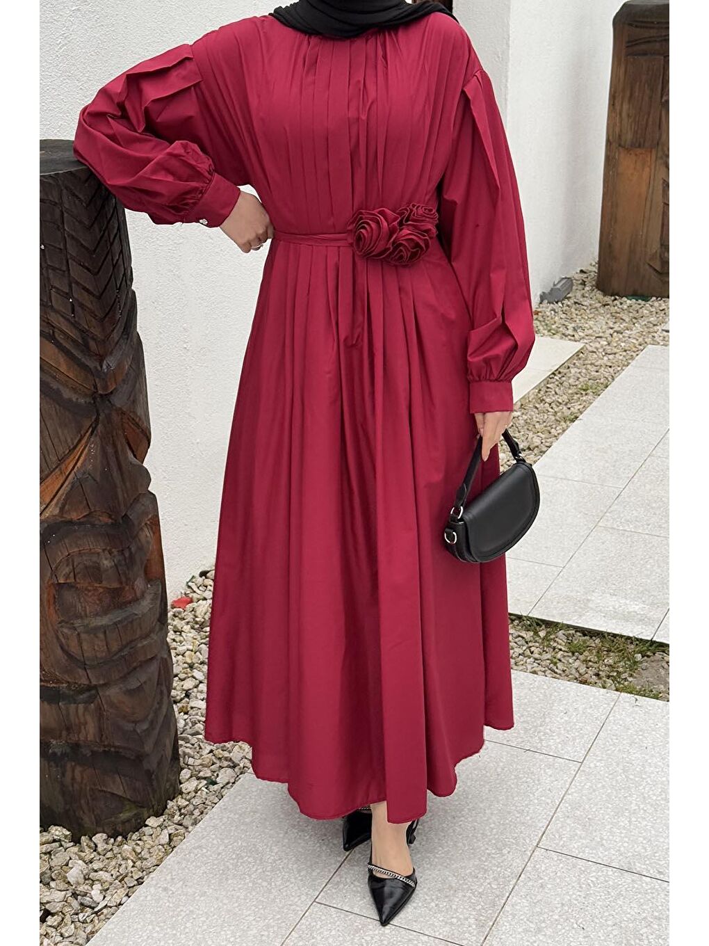 Pileli Poplin Elbise Bordo-2