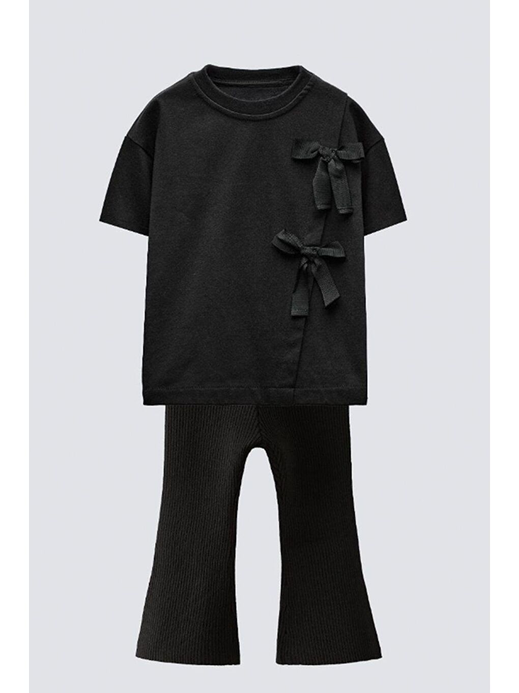 Siyah Kız Çocuk Grogren Fiyonk Detaylı Pamuklu Tshirt Ve İspanyol Paça Tayt Alt Üst Takım-1