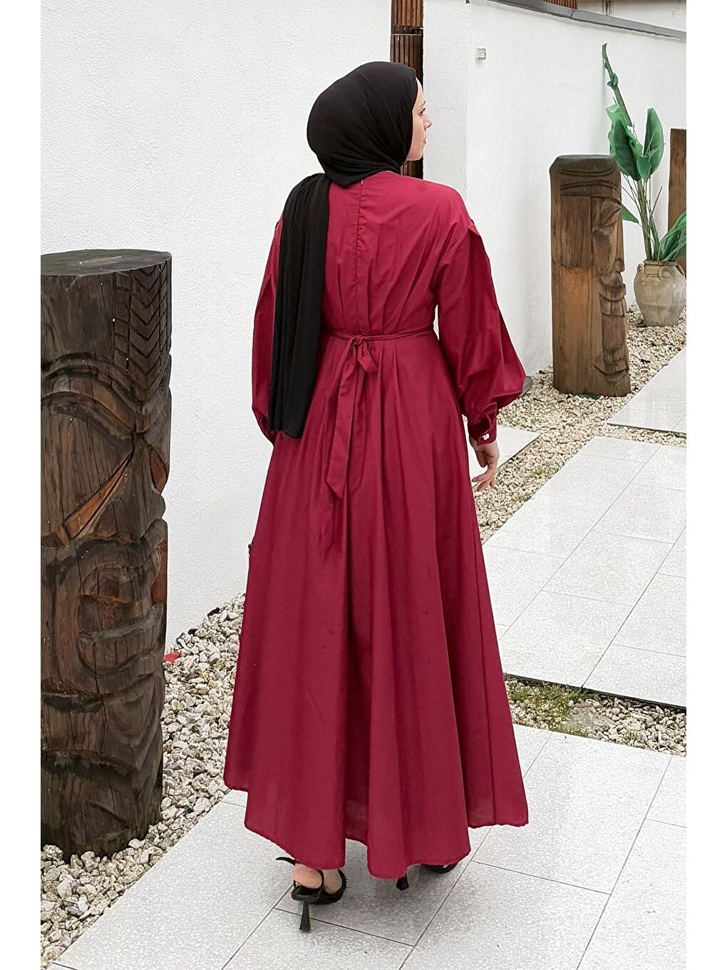 Pileli Poplin Elbise Bordo-3