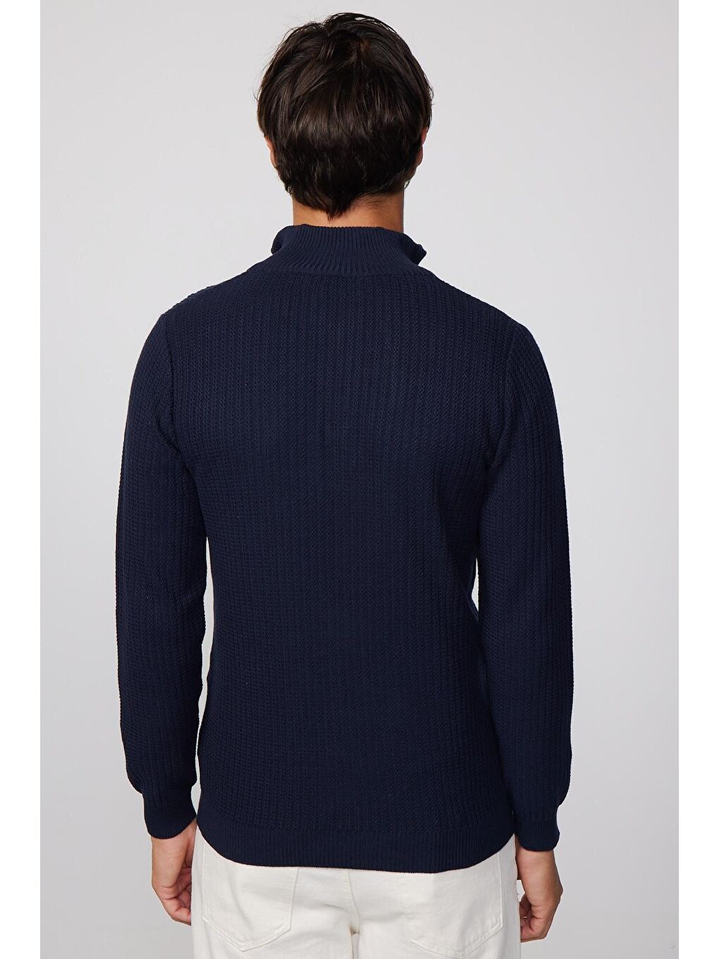 Erkek Slim Fit Dar Kesim Dik Yaka Fermuarlı Desenli Lacivert Kazak-4