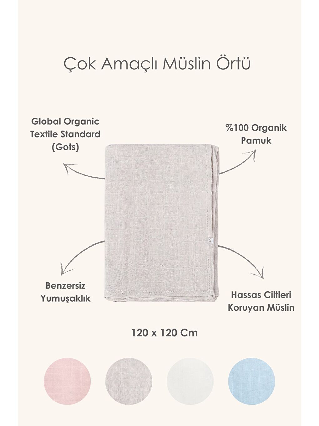 BebeMarin Çok Amaçlı Müslin Örtü 120x120 Bej-1