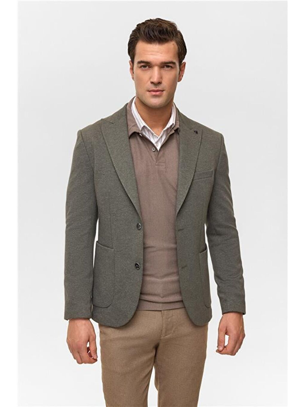 Haki Slim Desenli Mono Yaka 6 Drop Ceket