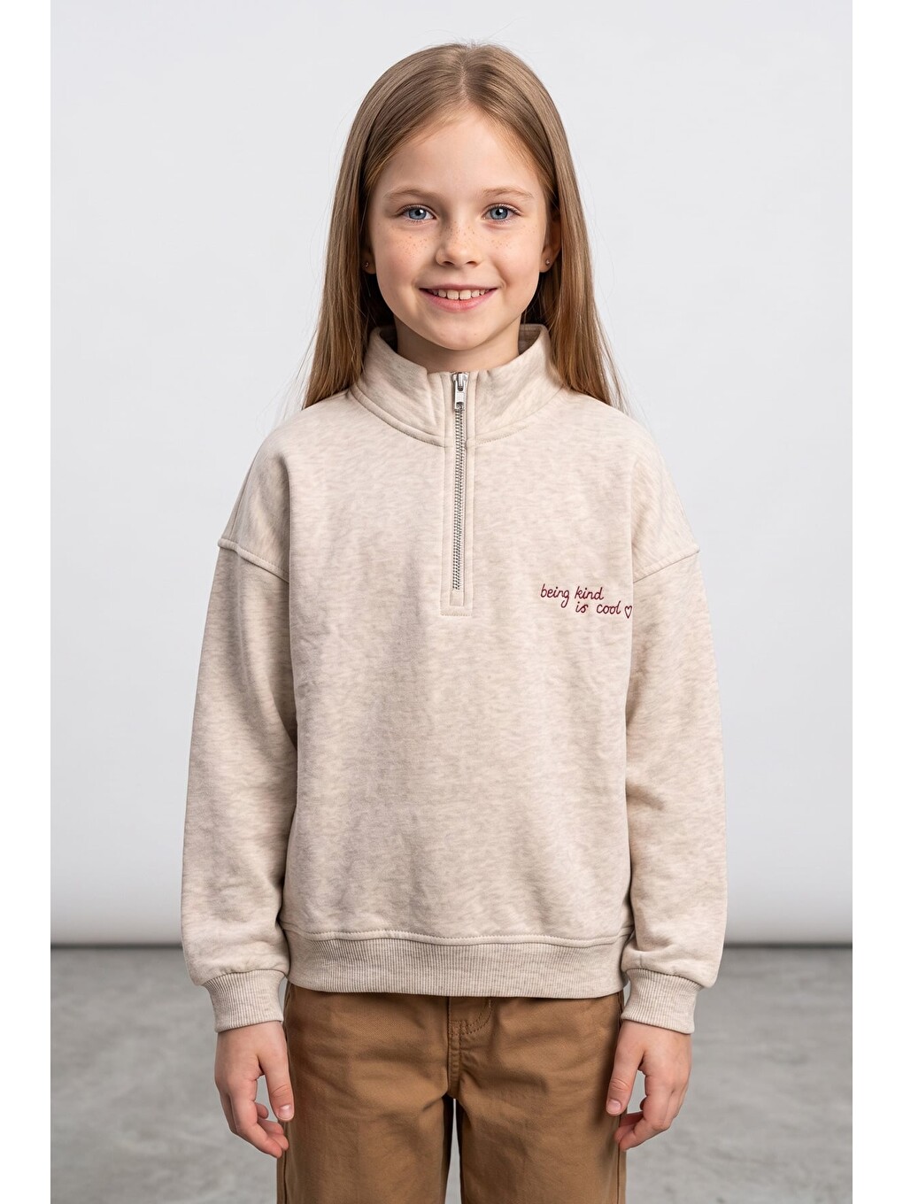 Bej 3 İplik Yarım Fermuarlı Dik Yaka Kız Çocuk Sweatshirt-1