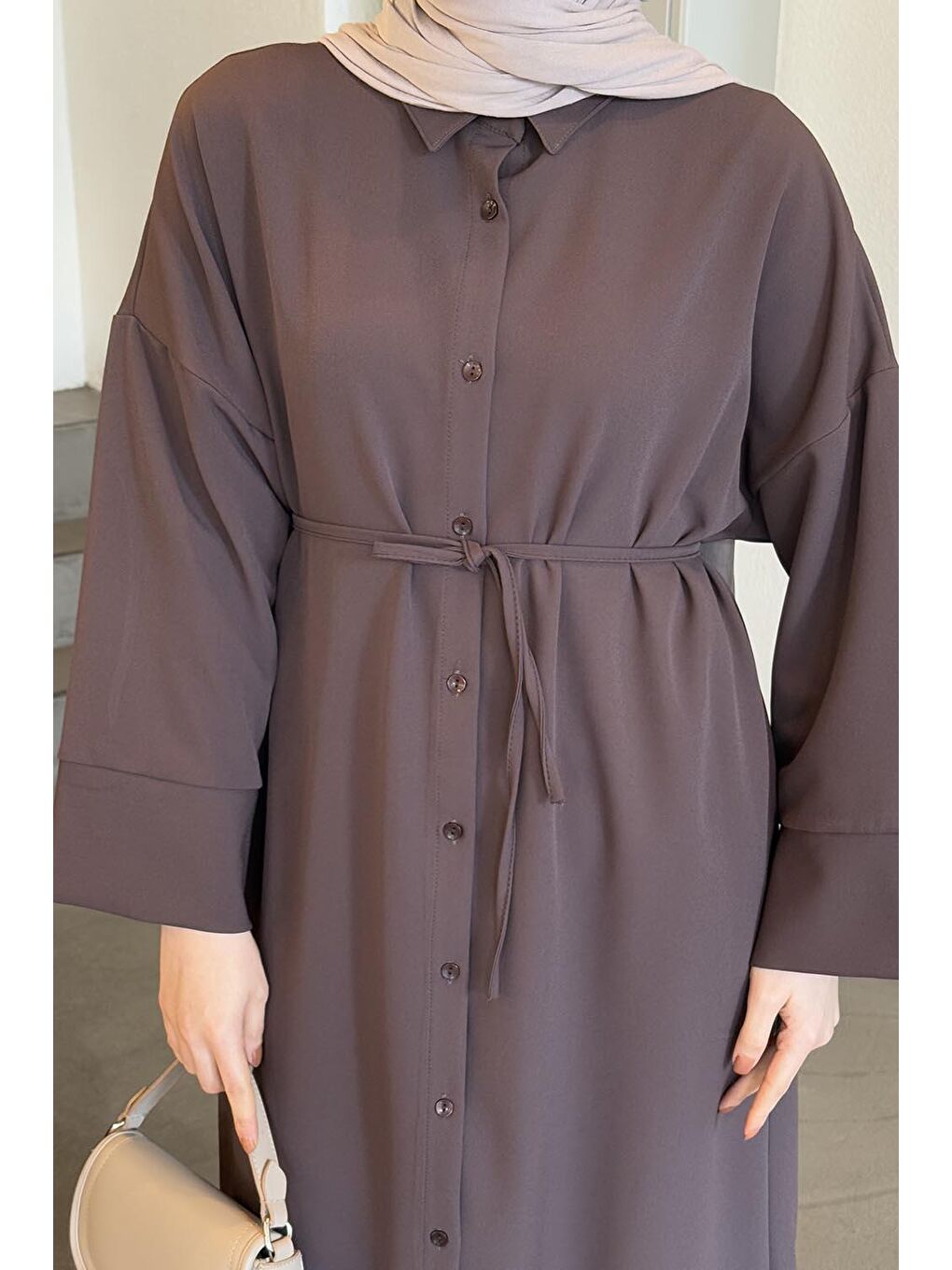 Takma Manşet Detaylı Dabıl Tesettür Elbise Acı Kahverengi-2