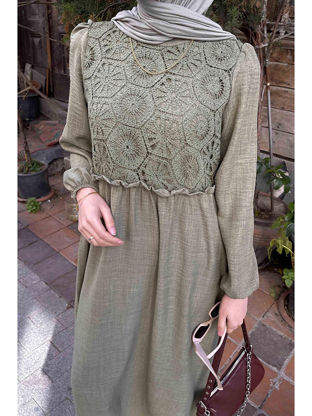 Dantel Örgü Detaylı Elbise Haki-2