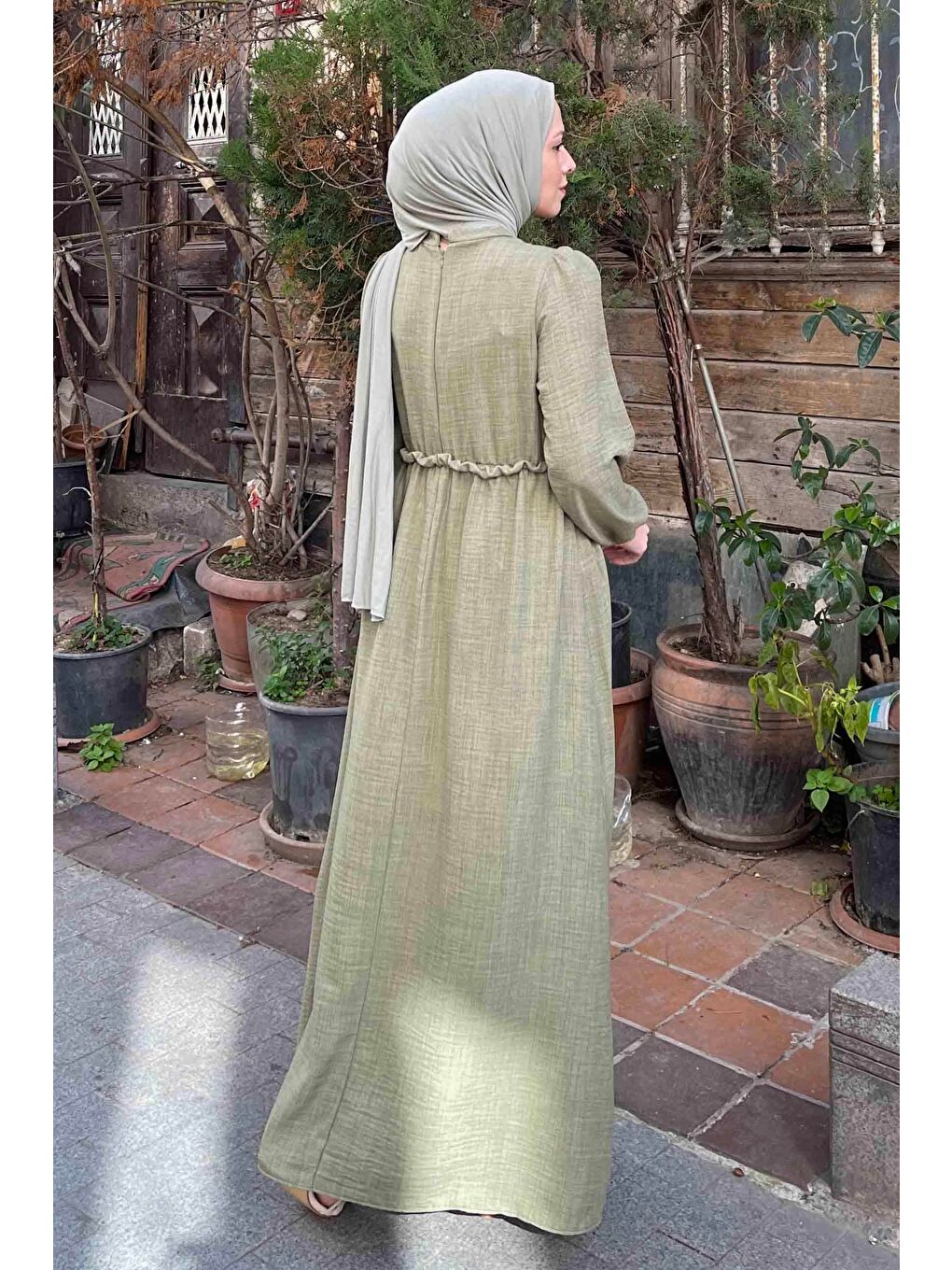 Dantel Örgü Detaylı Elbise Haki-3