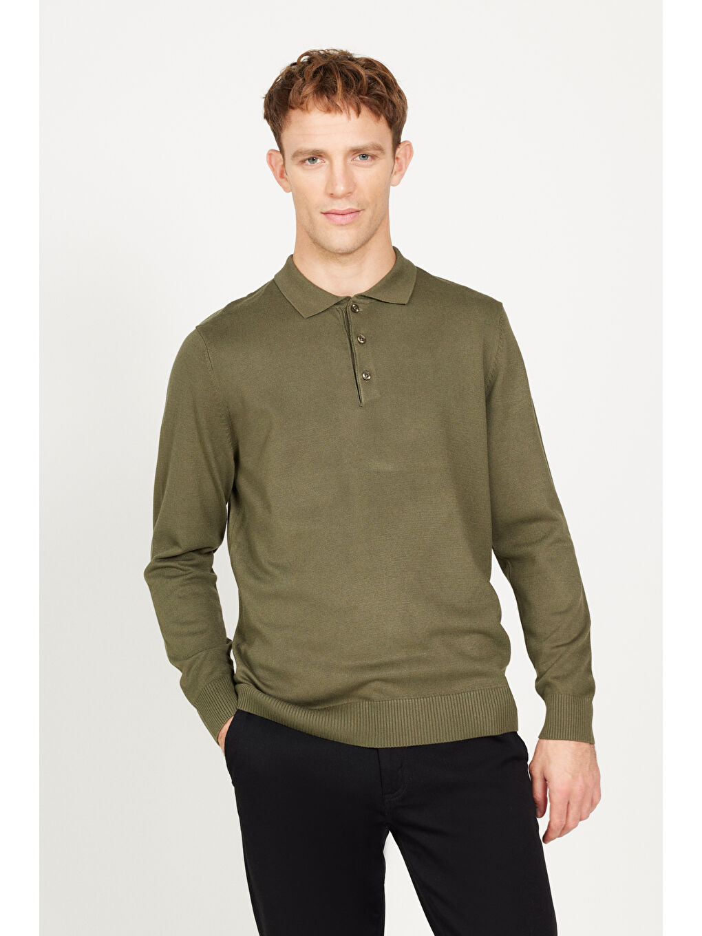 Erkek Haki Standart Fit Normal Kesim Polo Yaka Triko Kazak