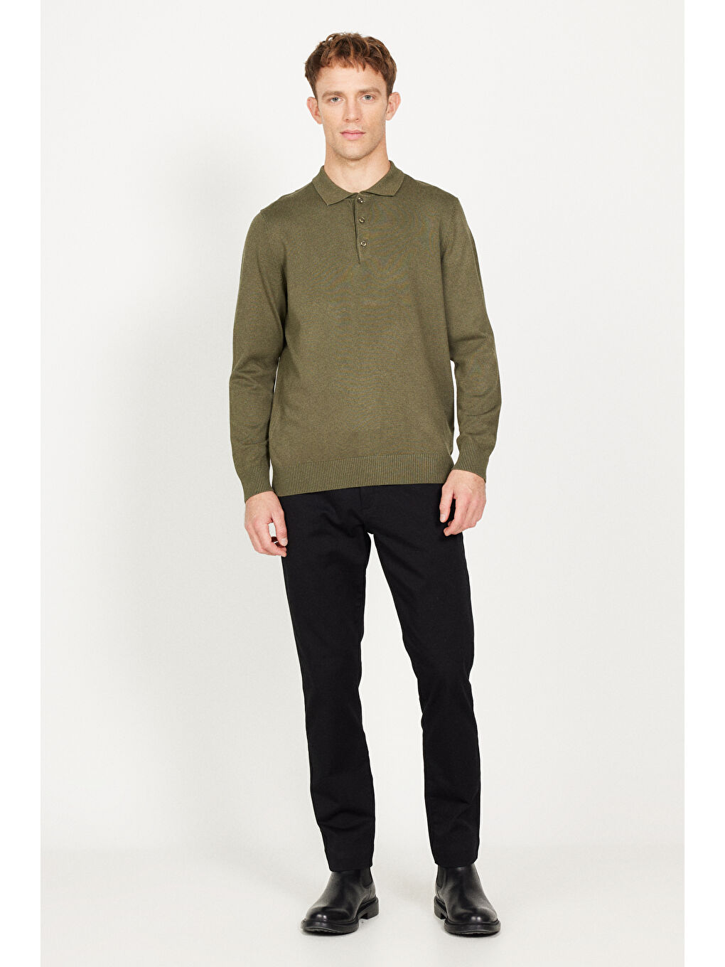 Erkek Haki Standart Fit Normal Kesim Polo Yaka Triko Kazak-1