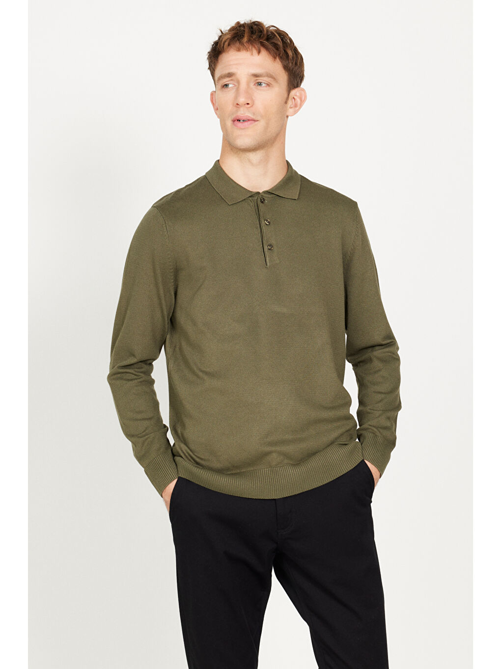 Erkek Haki Standart Fit Normal Kesim Polo Yaka Triko Kazak-2