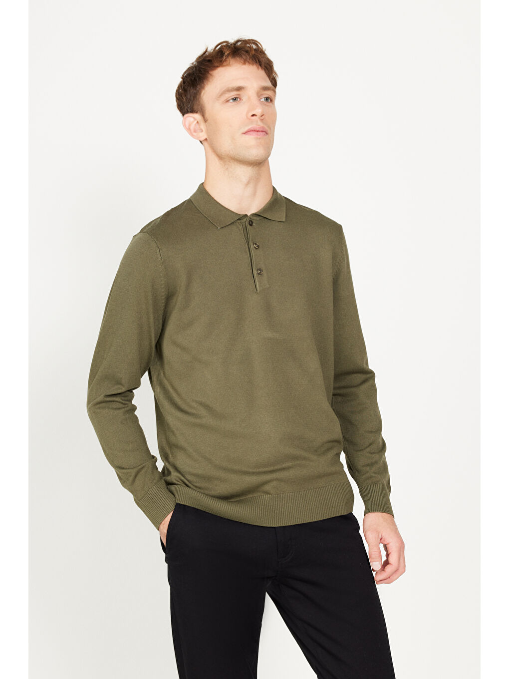 Erkek Haki Standart Fit Normal Kesim Polo Yaka Triko Kazak-3