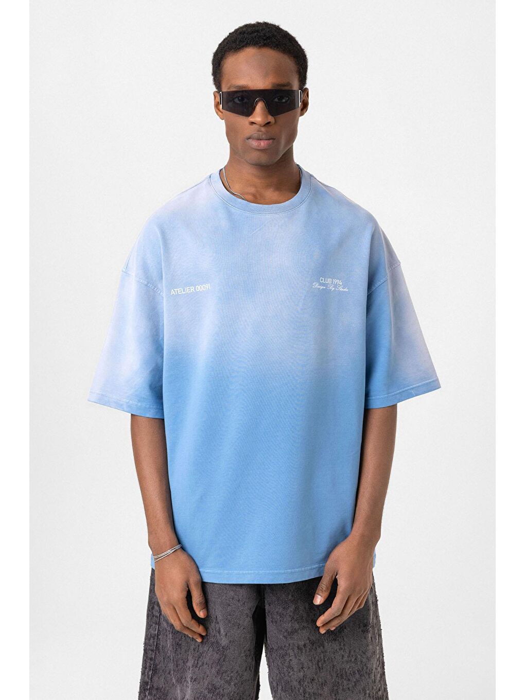 Yıkamalı Oversize Tişört Mavi-2